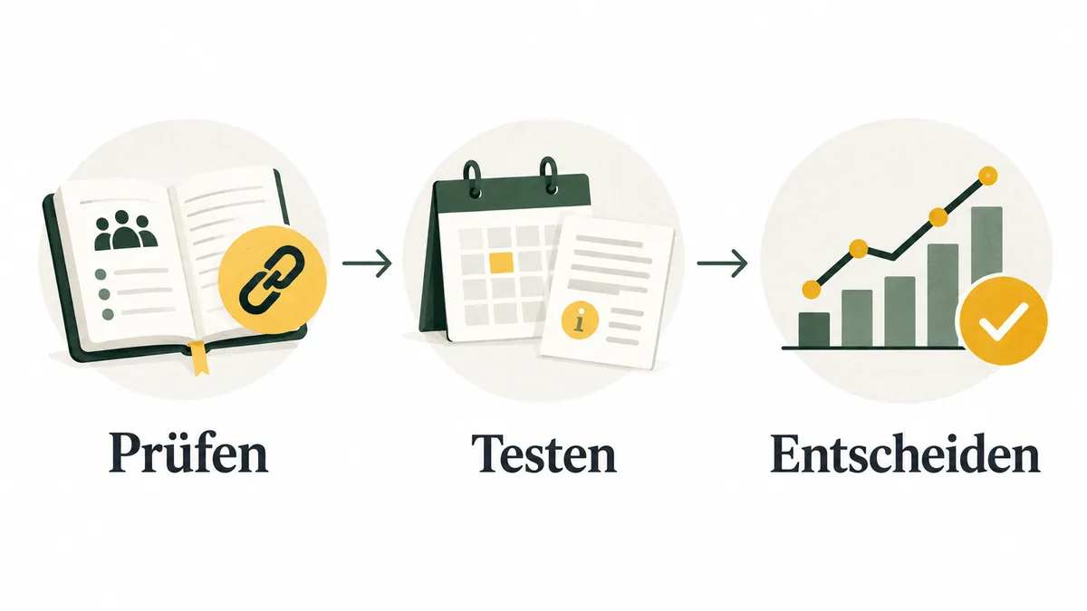 Dreistufiger Affiliate-Test mit den Phasen Prüfen, Testen und Entscheiden