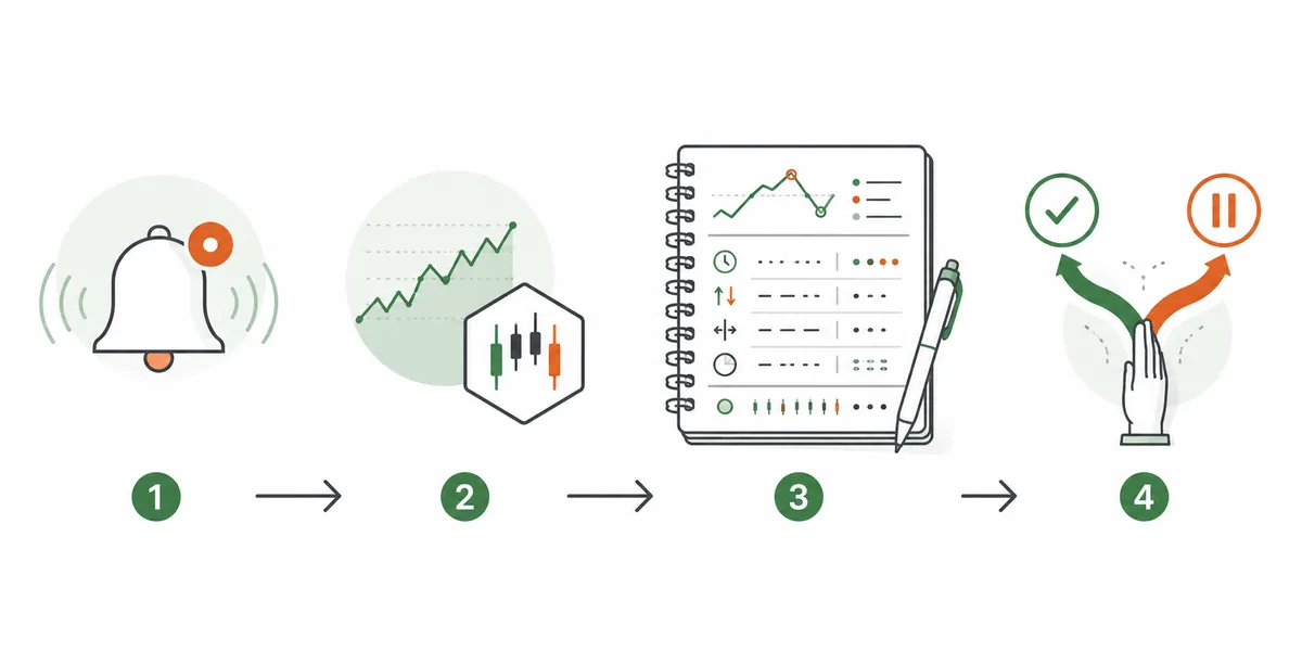 Vierstufiger Prüfablauf für Aktienindex Daytrading Signale von Benachrichtigung über Instrument und Journal bis zur Entscheidung
