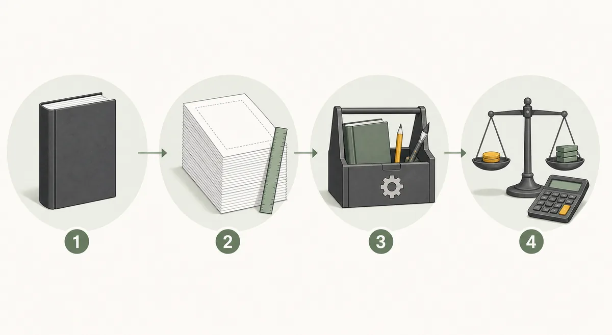 Vier Schritte zur KDP-Kostenprüfung von Buchformat über Druckkosten und Vorbereitung bis zur Break-even-Rechnung