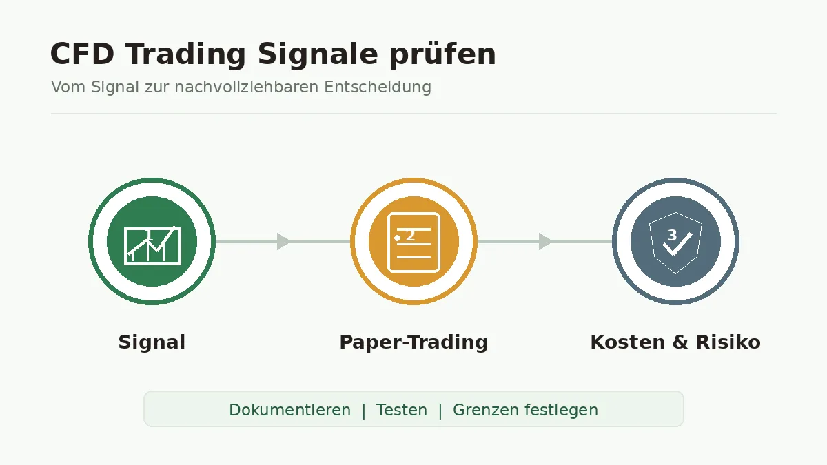 CFD Trading Signale mit Checkliste für Signal, Paper-Trading, Kosten und Risiko prüfen