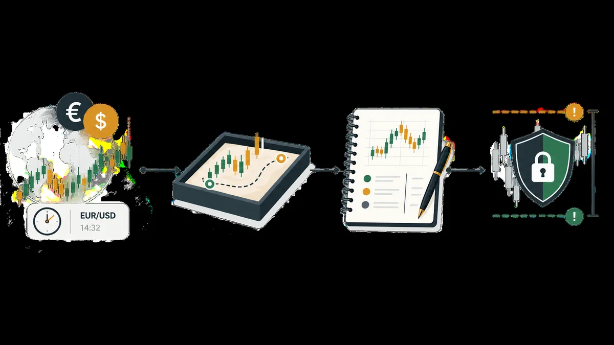 Editoriale Grafik zur Prüfung von EUR/USD Trading Signalen mit Zeitstempel, Demokonto, Journal und Risikolimit