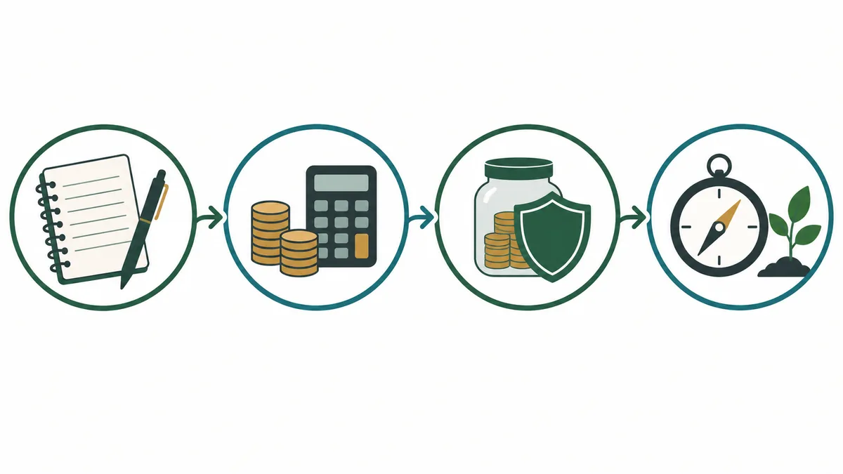 Vier Schritte im Finanzlernplan: Geldübersicht, Zinsen verstehen, Rücklage prüfen und langfristige Entscheidungen einordnen