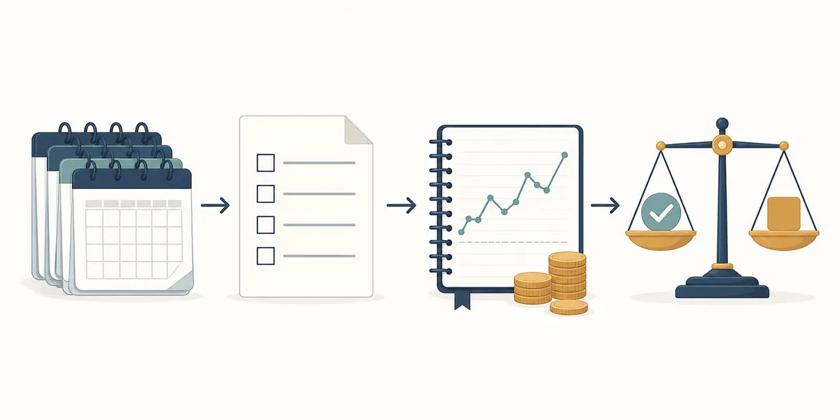 Vierstufiger Prüfablauf für Forex-Saisonalität von historischen Kalenderdaten über Regel und Paper Trading bis zur Entscheidung