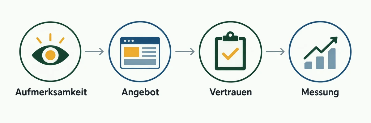 Vier Prüfbereiche zum Steigern von Online-Verkäufen: Aufmerksamkeit, Angebot, Vertrauen und Messung