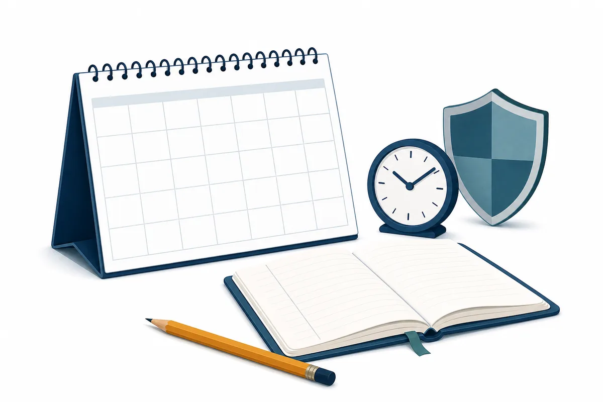 Kalender, leeres Signaljournal, Uhr und Schutzsymbol für eine Beobachtungsphase ohne Echtgeld