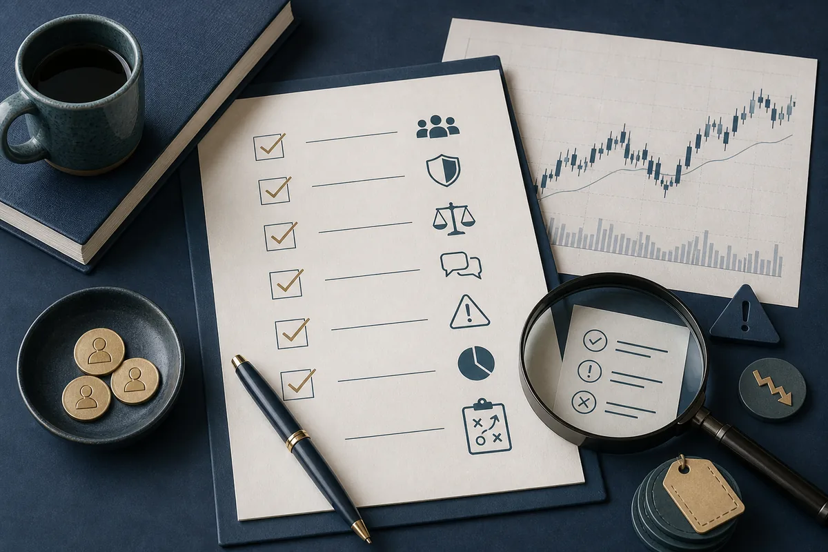 Trading Community mit Checkliste, Marktchart und Risikosymbolen vor dem Beitritt prüfen