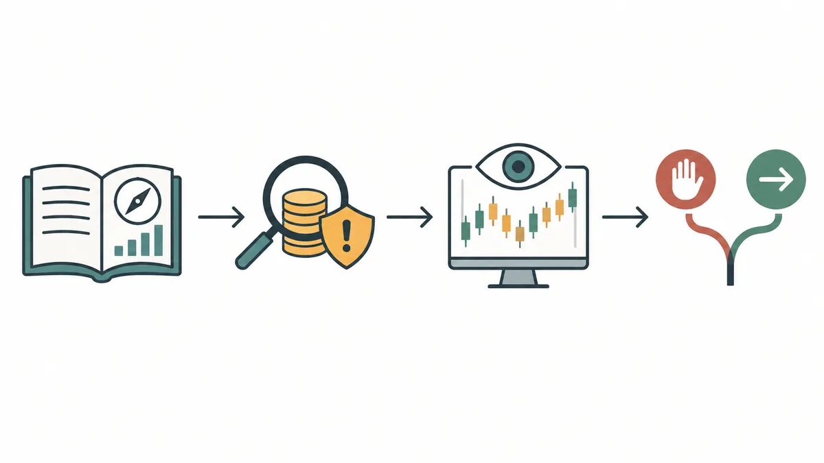 Vierstufiger Prüfpfad für einen Trading Roboter von Strategie und Kosten über Demo-Beobachtung bis zur Stop-oder-Weiter-Entscheidung