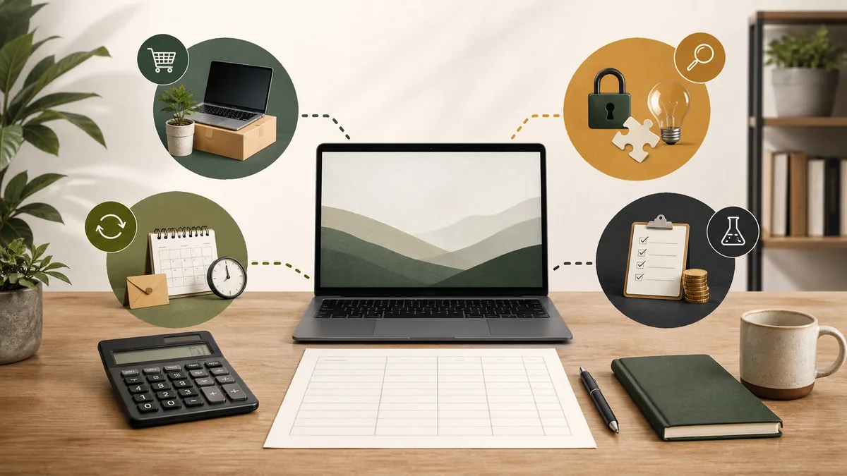 Arbeitsplatz mit Kostenplan, Rechner und Symbolen fuer die Pruefung eines Online-Business ohne Fixkosten